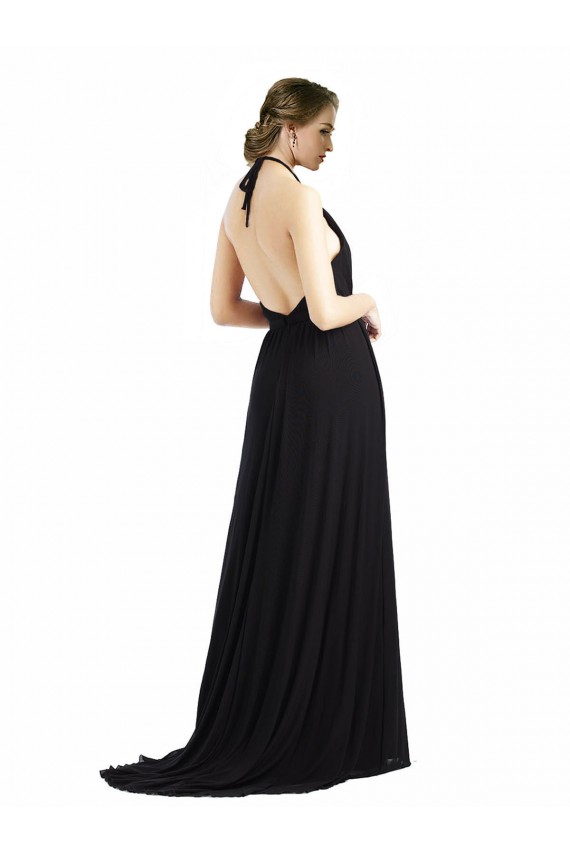 Discount Backless Halter Chiffon Bridesmaid Dress with Front Slit and Tie Open Back