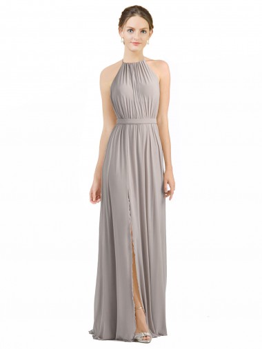 Discount Backless Halter Chiffon Bridesmaid Dress with Front Slit and Tie Open Back
