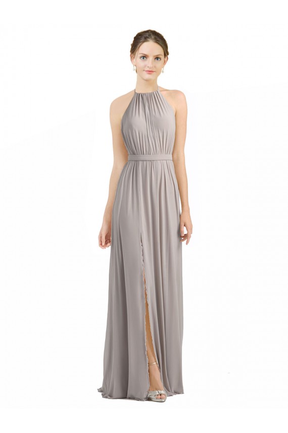 Discount Backless Halter Chiffon Bridesmaid Dress with Front Slit and Tie Open Back