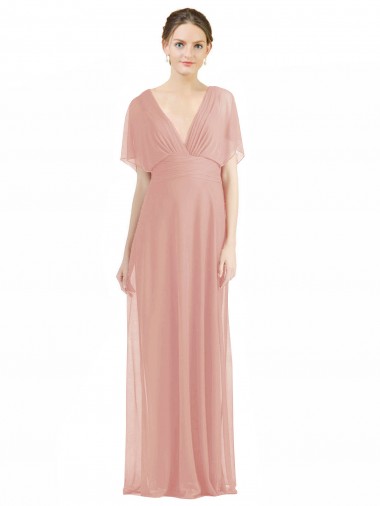 Discount Draped Short Sleeves Long Chiffon A-Line Bridesmaid Dress