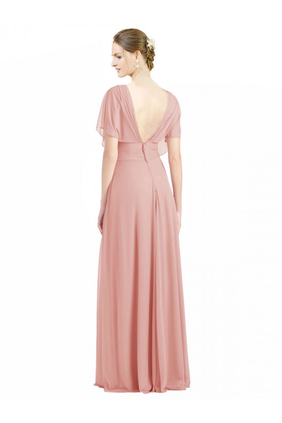 Discount Draped Short Sleeves Long Chiffon A-Line Bridesmaid Dress