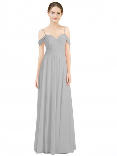 Discount Off the Shoulder Long Chiffon Bridesmaid Dress with Ruched Bodice