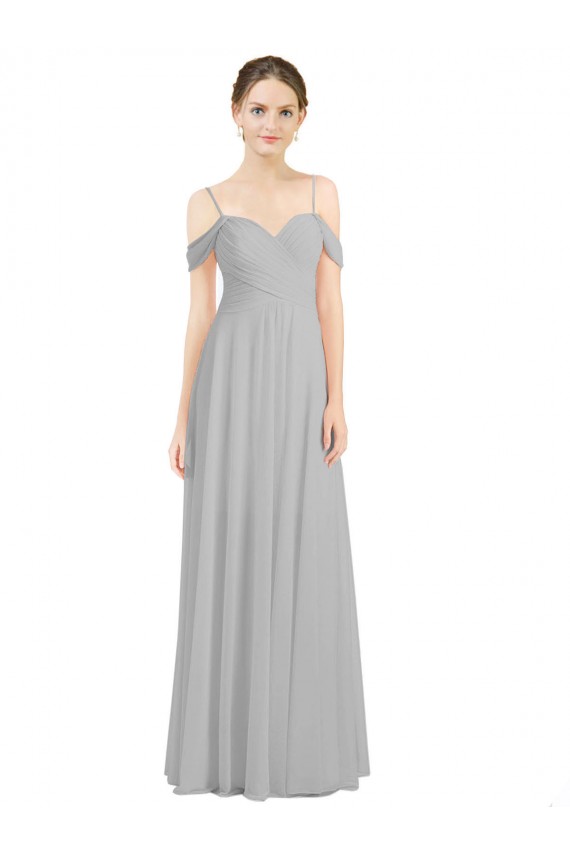 Discount Off the Shoulder Long Chiffon Bridesmaid Dress with Ruched Bodice