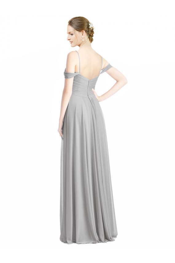Discount Off the Shoulder Long Chiffon Bridesmaid Dress with Ruched Bodice