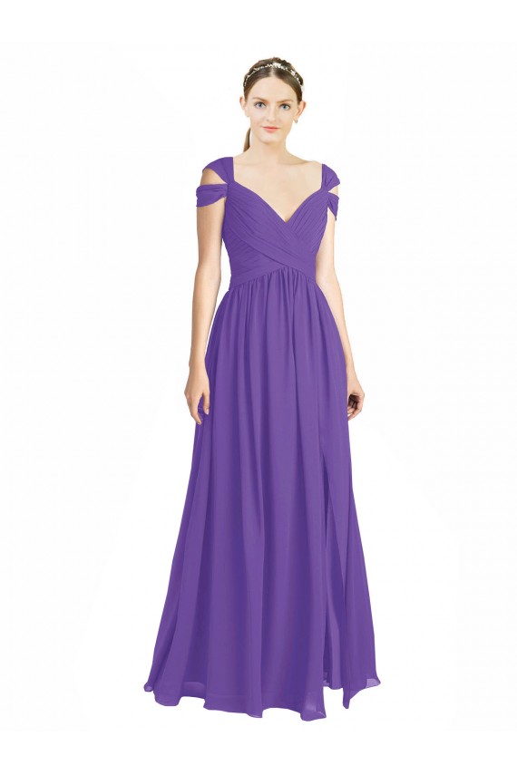 Discount Off the Shoulder Cap Sleeves Chiffon Bridesmaid Dress with Pleats