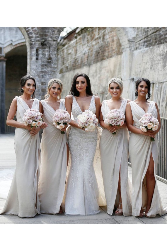 Discount Chiffon Long Champagne Bridesmaid Dresses with Sexy High Slit and Front Ruffles