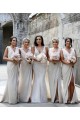 Discount Chiffon Long Champagne Bridesmaid Dresses with Sexy High Slit and Front Ruffles