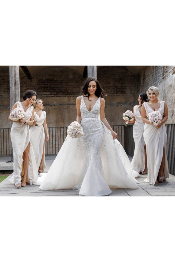 Discount Chiffon Long Champagne Bridesmaid Dresses with Sexy High Slit and Front Ruffles