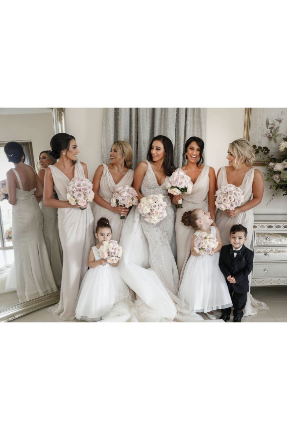 Discount Chiffon Long Champagne Bridesmaid Dresses with Sexy High Slit and Front Ruffles