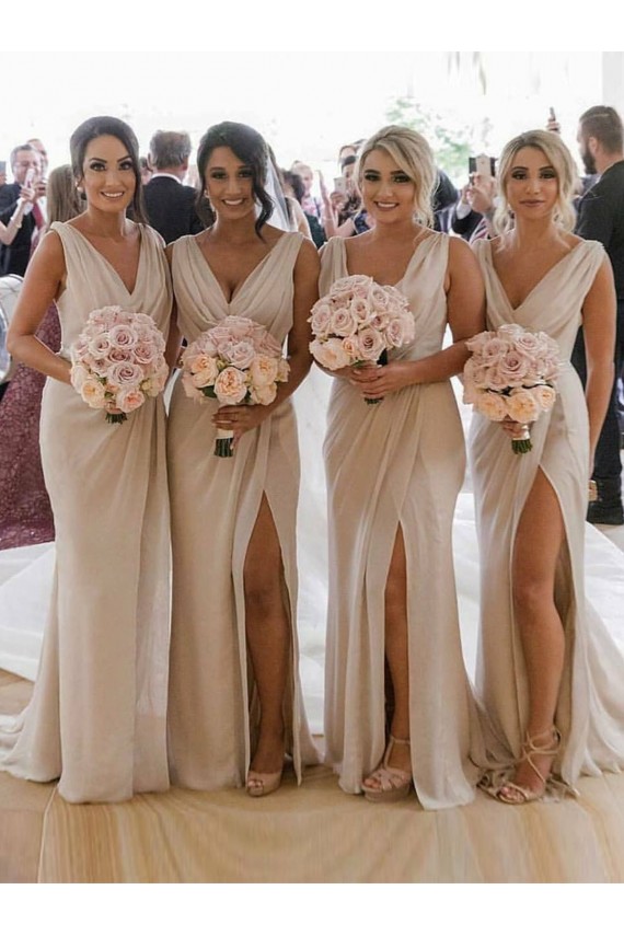 Discount Chiffon Long Champagne Bridesmaid Dresses with Sexy High Slit and Front Ruffles