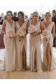 Discount Chiffon Long Champagne Bridesmaid Dresses with Sexy High Slit and Front Ruffles