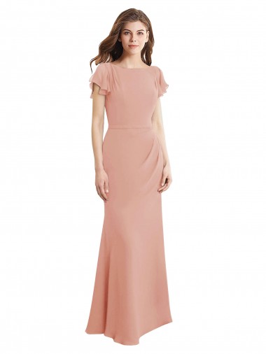 Discount Cap Sleeves Long Chiffon Bridesmaid Dress / Prom Dress with Low V-Back
