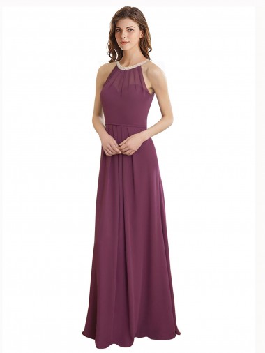 Discount High Neckline Long Chiffon Bridesmaid Dress with Beaded Trim
