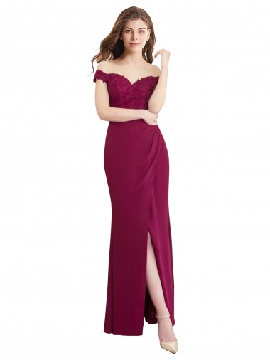 Discount Off the Shoulder Chiffon Bridesmaid Dress with Lace Appliques and Front Slit