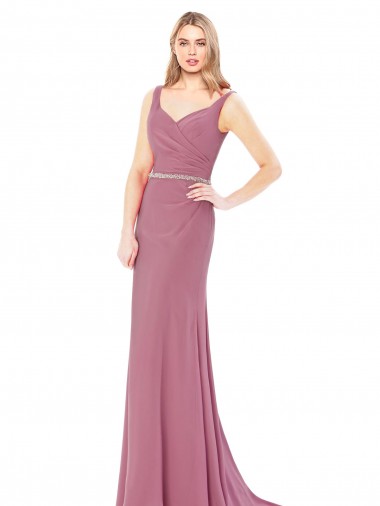 Discount Long Slim Chiffon Bridesmaid Dress / Prom Dress with Beaded Waist