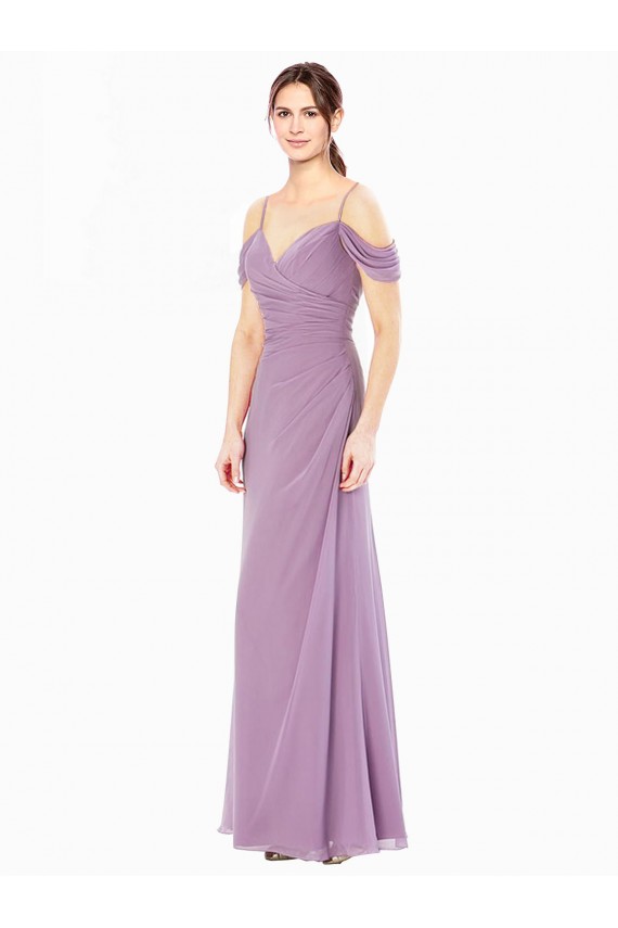 Discount Draped Off the Shoulder Sweetheart Chiffon Bridesmaid Dress with Button Back