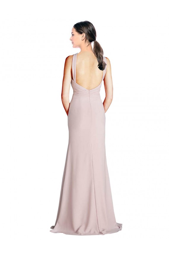 Discount Long Slim Chiffon Bridesmaid Dress with Ruffled Waist and Keyhole