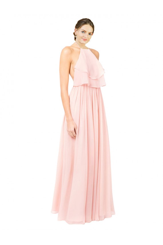 Discount Halter Neck Chiffon Bridesmaid Dress with Double Ruffle Front