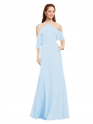 Discount Chiffon Halter Neck Bridesmaids Dress with Flounced Neckline