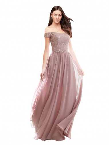 Discount Floor Length Chantilly Lace Off the Shoulder Chiffon Bridesmaid Dress