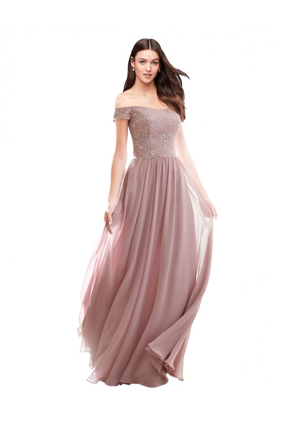 Discount Floor Length Chantilly Lace Off the Shoulder Chiffon Bridesmaid Dress