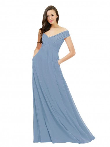 Discount Chiffon Bridesmaid Dress with Classic Off the Shoulder Neckline