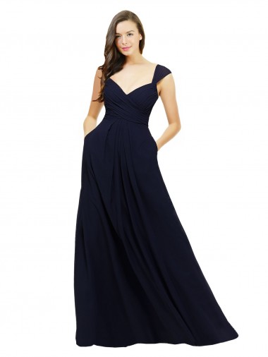 Discount Chiffon Bridesmaid Dress with Rouched Draped Bodice and Watteau Back