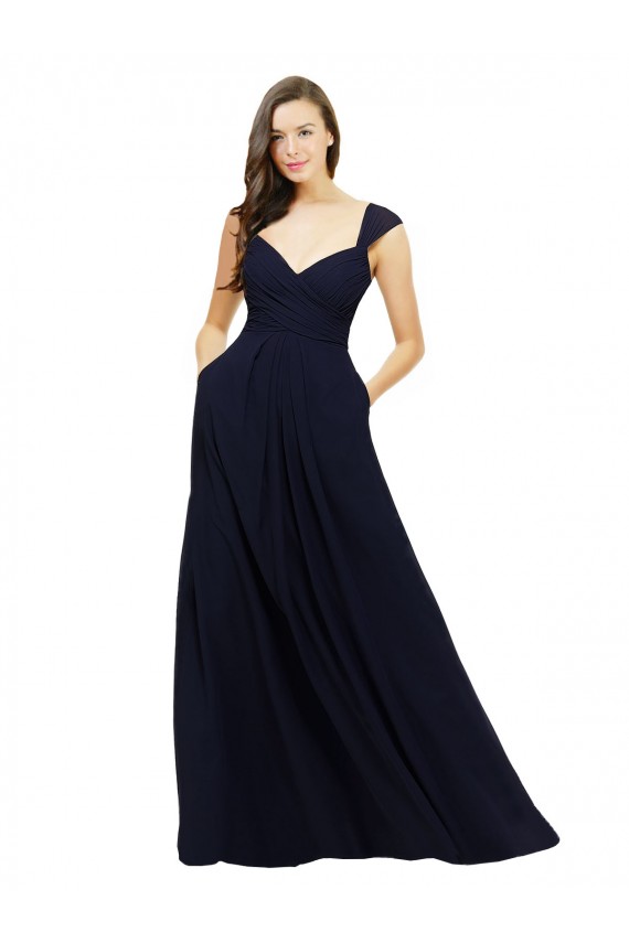 Discount Chiffon Bridesmaid Dress with Rouched Draped Bodice and Watteau Back