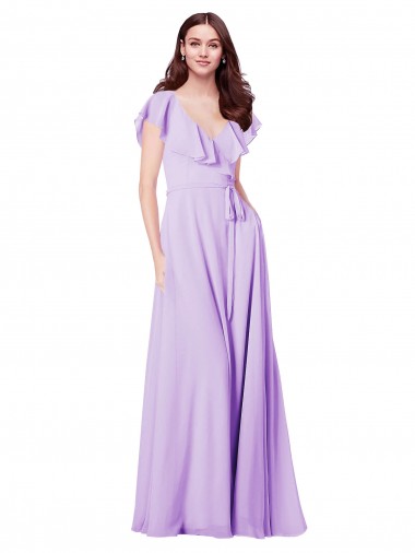 Discount Flutter Sleeves V-Neck Chiffon Bridesmaid Dress