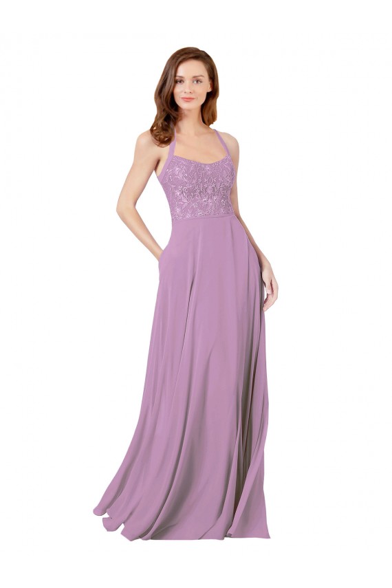 Discount Floral Detailed Chiffon Bridesmaid Dress with Keyhole Back