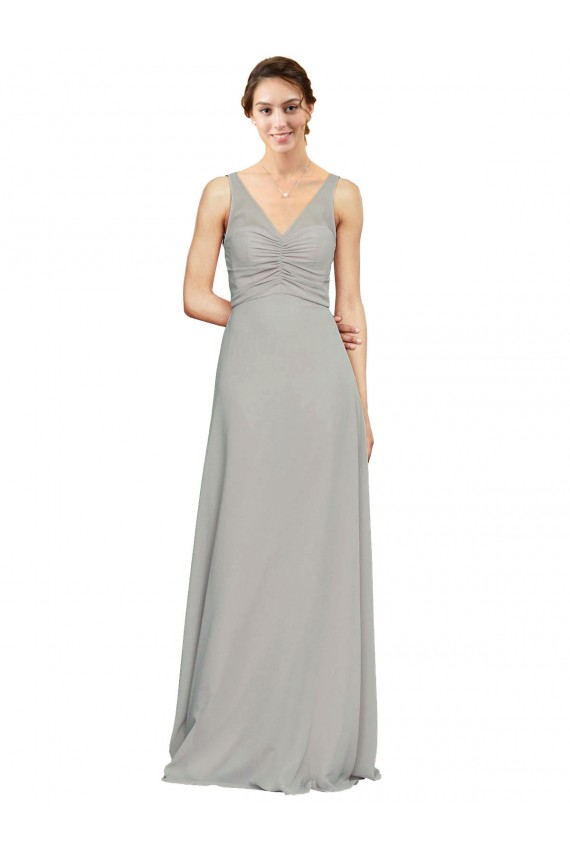 Discount V-Neck Chiffon Bridesmaid Dress with Illusion Gathered Bodice