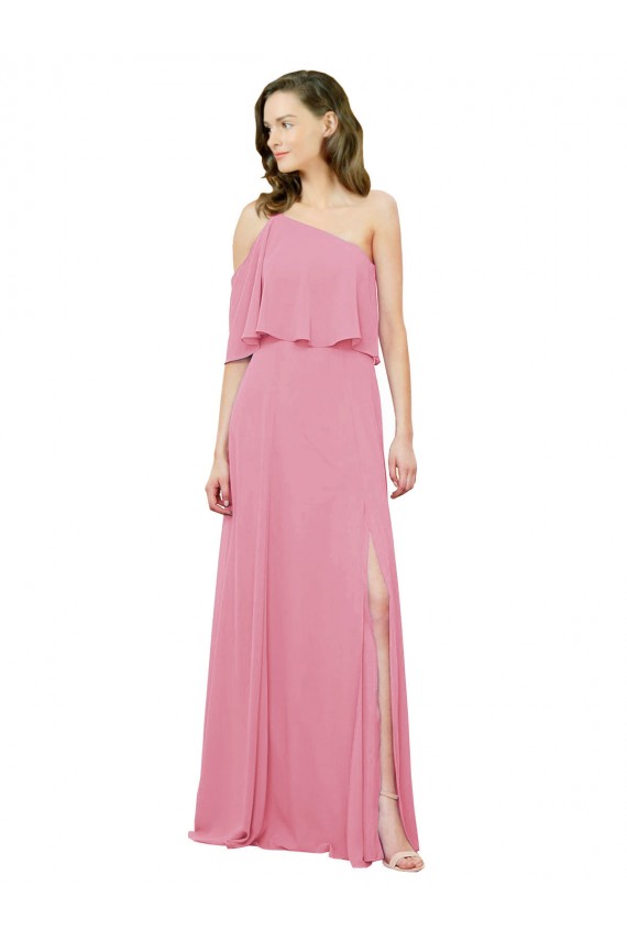 Discount Sleeved One Shoulder Chiffon Bridesmaids Dress with Draped Ruffle Overlay