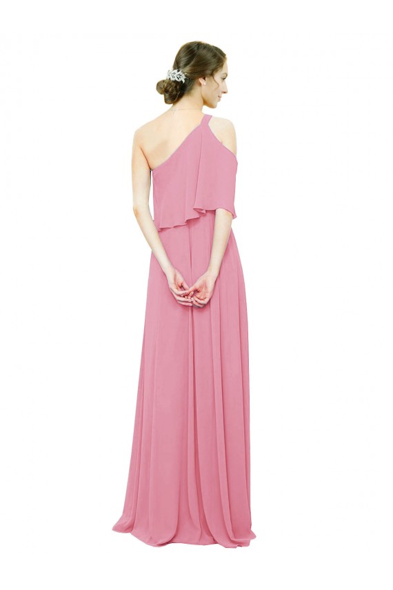 Discount Sleeved One Shoulder Chiffon Bridesmaids Dress with Draped Ruffle Overlay