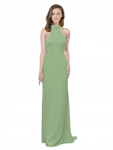Discount High Collar Halter Neck Chiffon Bridesmaid Dress with Long Back Tie