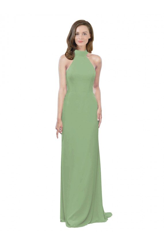 Discount High Collar Halter Neck Chiffon Bridesmaid Dress with Long Back Tie