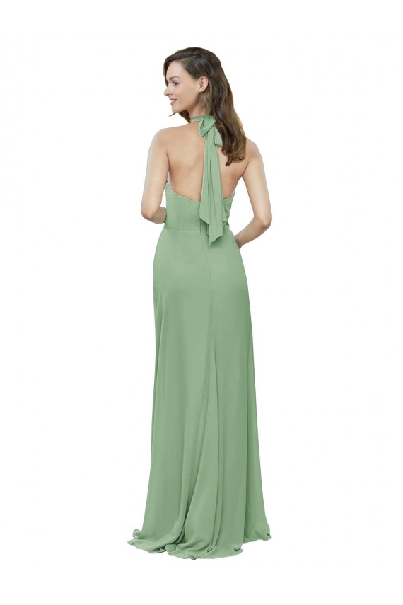 Discount High Collar Halter Neck Chiffon Bridesmaid Dress with Long Back Tie