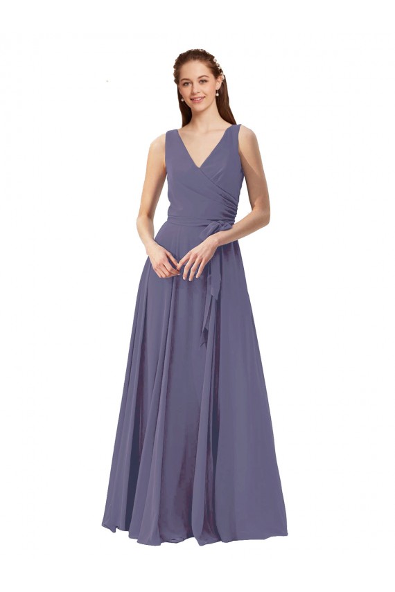 Discount V-Neck Long Draped A-Line Chiffon Bridesmaid Dress