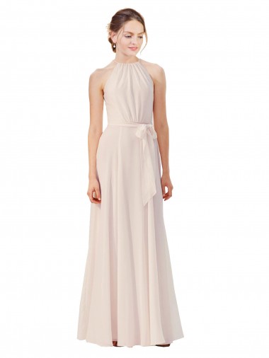 Discount Tie Neck Long Chiffon A-Line Bridesmaid Dress with Sheer Back