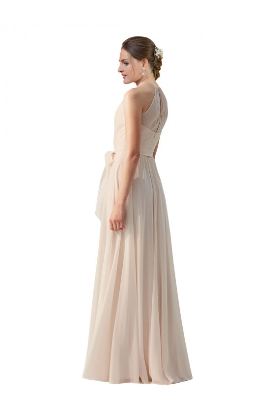 Discount Tie Neck Long Chiffon A-Line Bridesmaid Dress with Sheer Back