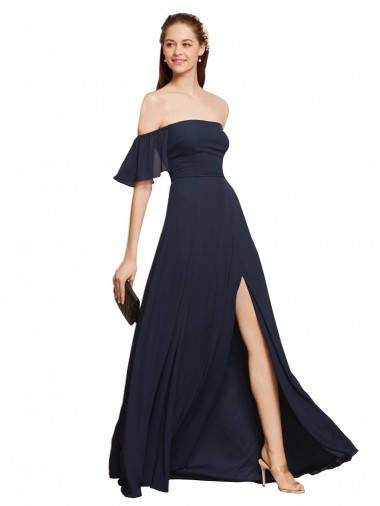 Discount Off the Shoulder Floaty Sleeves Chiffon Bridesmaid Dress / Prom Dress with High Slit