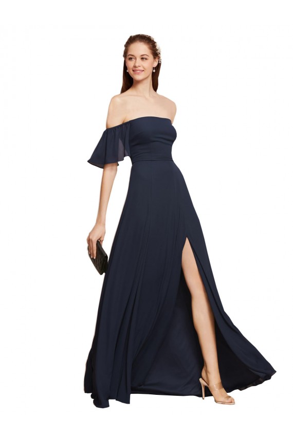 Discount Off the Shoulder Floaty Sleeves Chiffon Bridesmaid Dress / Prom Dress with High Slit