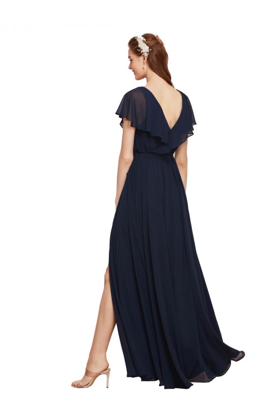 Discount Long V-Neck Chiffon Bridesmaid Dress with Slit and V-Back