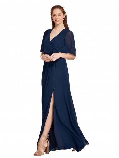 Discount V-Neck Plush Chiffon Bridesmaid Dress with Flutter Sleeves