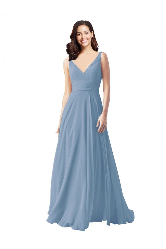 Discount Long Chiffon V-Neck and Self Sash Bridesmaid Dress with Shirred Criss Cross Bodice