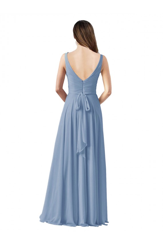 Discount Long Chiffon V-Neck and Self Sash Bridesmaid Dress with Shirred Criss Cross Bodice