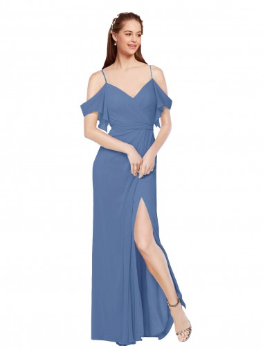 Discount Mock-Wrap Off the Shoulder Long Chiffon Bridesmaid Dress with Side Slit