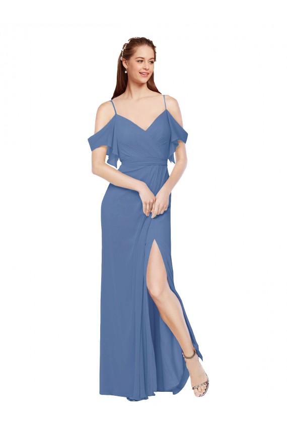 Discount Mock-Wrap Off the Shoulder Long Chiffon Bridesmaid Dress with Side Slit