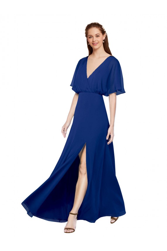 Discount V-Neck Long Chiffon Bridesmaid Dress with Dolman Sleeved Bodice and Slit