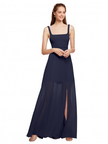 Discount Squre Necked Long Chiffon Bridesmaid Dress with Front Slit