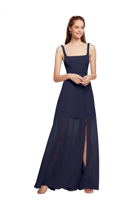 Discount Squre Necked Long Chiffon Bridesmaid Dress with Front Slit